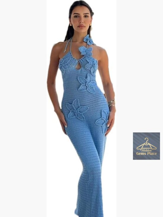 Other - Halter Backless Maxi Dress with 3D Floral Knit for Beach Coverup or Party
